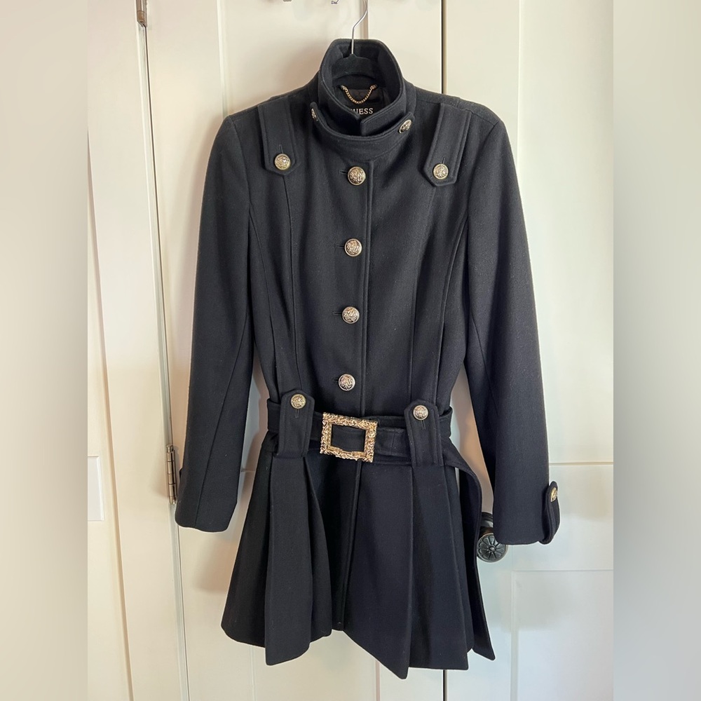 Rare GUESS Military Style Black Wool Blend Coat Gold Buttons Belted Size XS